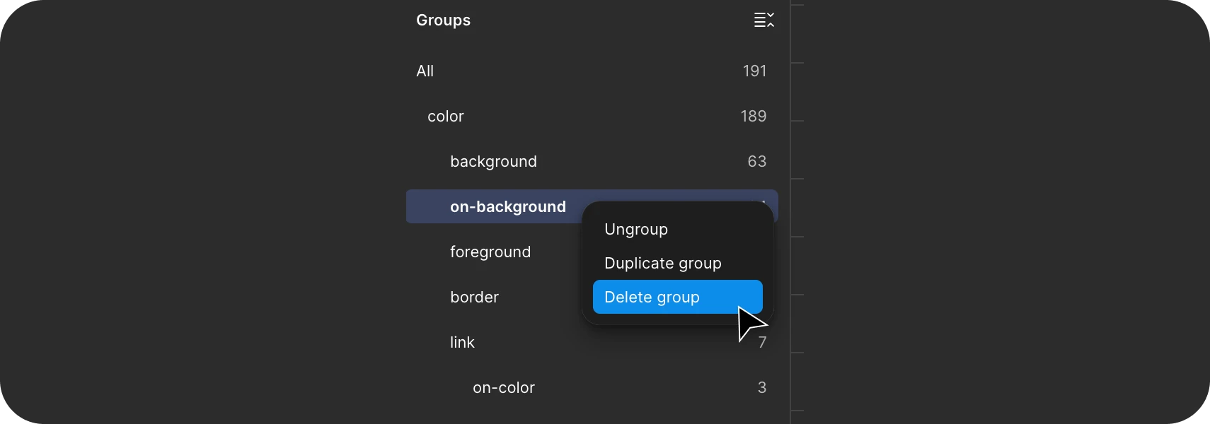 Delete group — xóa một nhóm token trong Figma