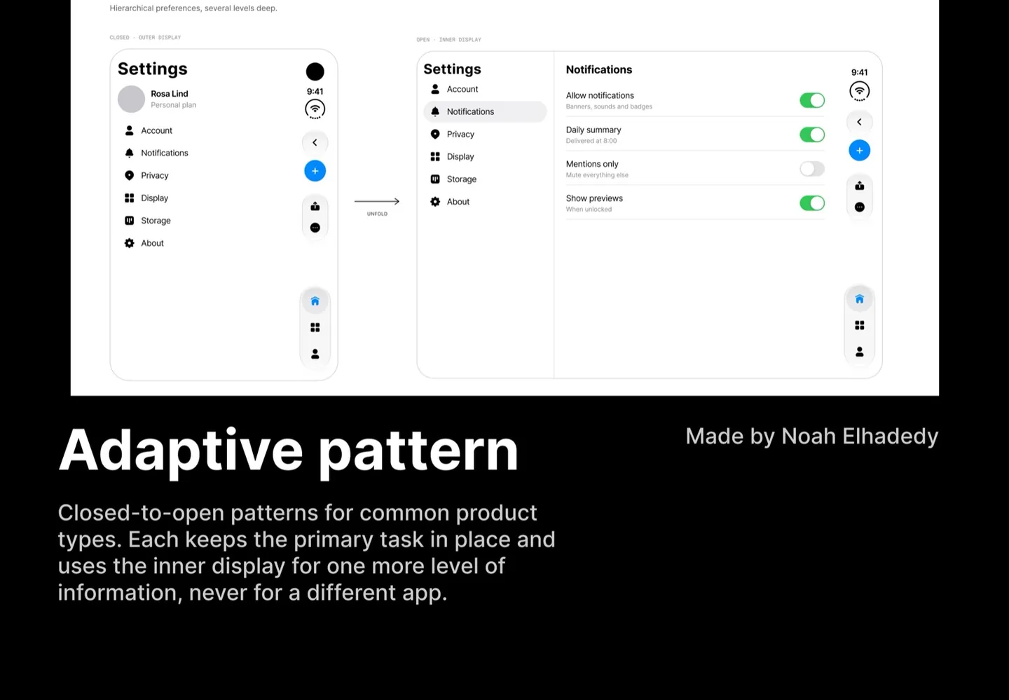 Adaptive pattern từ gập sang mở: danh sách cài đặt ở màn hình ngoài mở rộng thành danh sách kèm chi tiết ở màn hình trong
