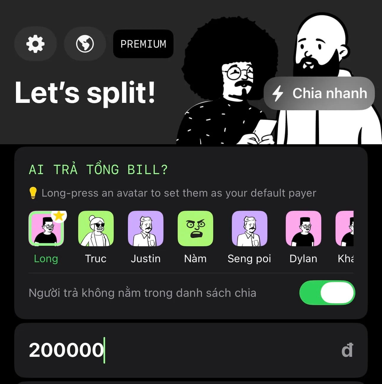 Choosing the payer in Splitly